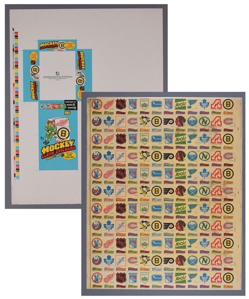 1974-75 Topps Hockey Cloth Stickers Team Emblems Uncut Display Box Plus Cloth Stickers Uncut Sheet