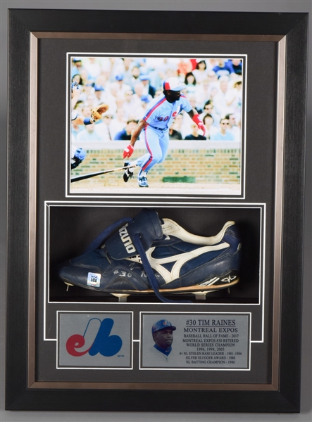 Tim Raines Montreal Expos Signed 1990 Game-Used Cleat Framed Display with PSA/DNA LOA (17” x 23”) 