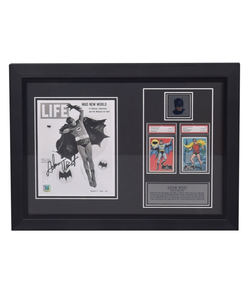 Adam West Signed Photo Framed "Batman" Display with 1966 "Black Bat" Batman and Robin PSA-Graded Cards (17” x 23”) - JSA Authenticated Signature