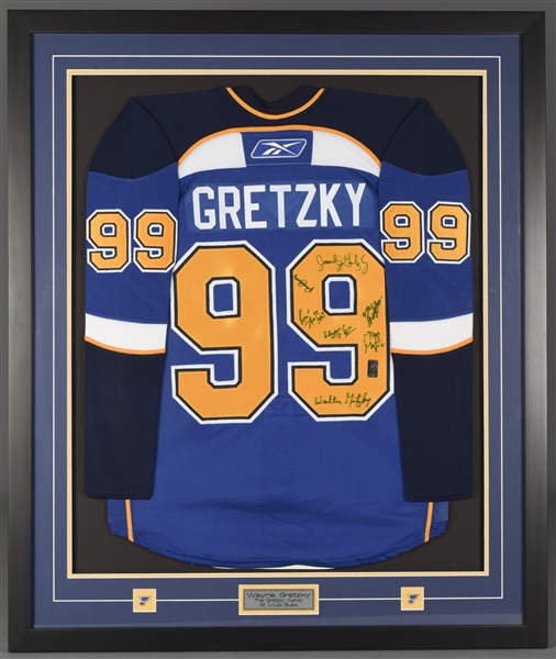 Wayne Gretzky and Family Multi-Signed St. Louis Blues Framed Jersey Display with JSA LOA (44 3/4" x 37 5/8”)