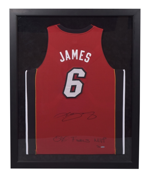 LeBron James Signed Miami Heat Framed Limited-Edition Alternate Jersey Display #6/25 with UDA COA - "2X Finals MVP" Annotation (40 3/8” x 32 5/8”)
