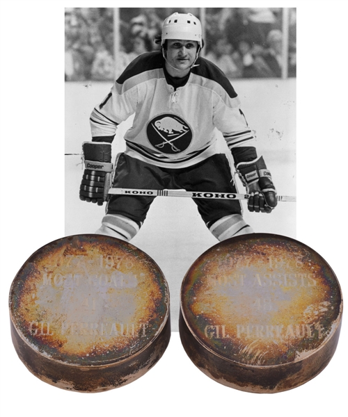 Gilbert Perreaults 1977-78 Buffalo Sabres Achievements Sterling Puck Collection of 2 with His Signed LOA