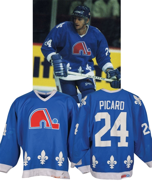 Robert Picards Late-1980s Quebec Nordiques Signed Game-Worn Jersey - Team Repairs!