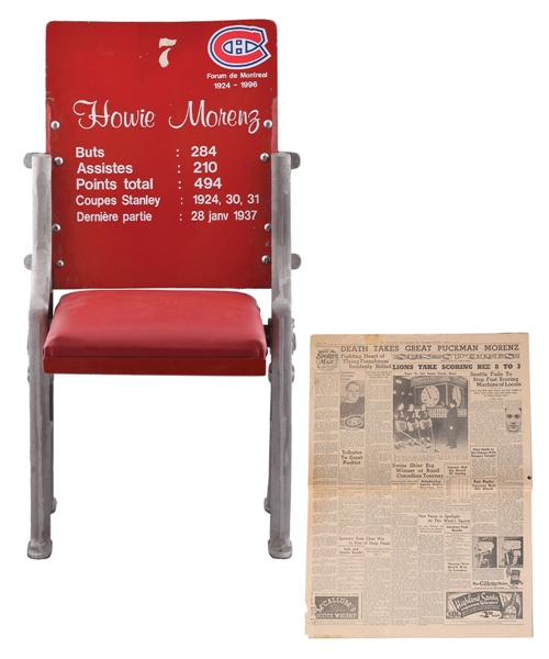 Howie Morenz Montreal Forum Red Single Tribute Seat Plus 1937 Morenz Newspaper