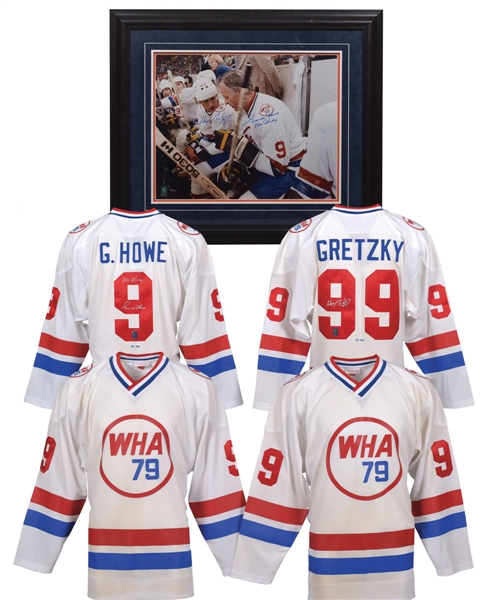 Wayne Gretzky and Gordie Howe 1979 WHA All-Star Game Signed Limited-Edition Jerseys with WGA COAs Plus Limited-Edition Dual-Signed Framed Photo (25 ½” x 29 ½”) 