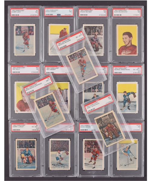 1952-53 Parkhurst Hockey PSA-Graded Near Complete Set (82/105) Including Richard, Harvey, Geoffrion, Horton, Armstrong, Sawchuk, Lindsay, Lumley and Others