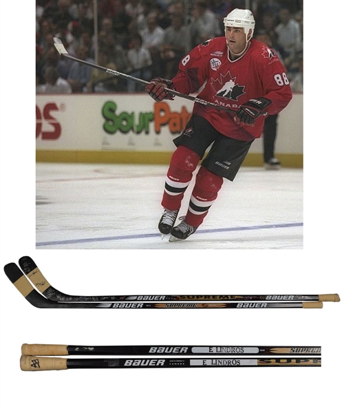 Eric Lindros 1996 World Cup of Hockey Game-Used Team-Signed Stick and 1998 Winter Olympics Game-Used Stick with His Signed LOA
