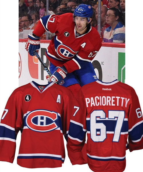 Max Paciorettys 2014-15 Montreal Canadiens Game-Worn Alternate Captains Jersey with Team LOA - Beliveau Memorial Patch! 