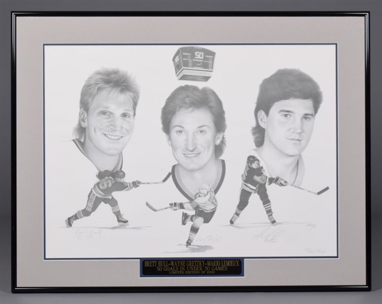 Gretzky, Lemieux and Hull Triple-Signed Joe Theiss "50 Goals in Under 50 Games" Limited-Edition Framed Lithograph #267/1000 with COA (28 ¼” x 36 ¼”) 