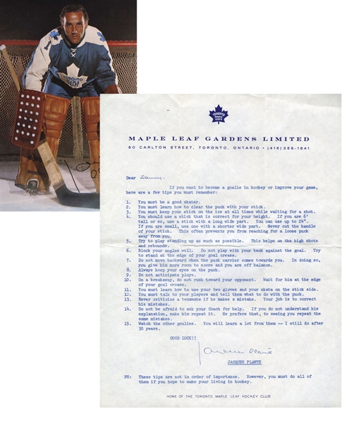 Jacques Plante Signed Letter on Maple Leaf Gardens Letterhead with Interesting Hockey Content plus Additional Letter and MLG Envelope Addressed in Plantes Hand 