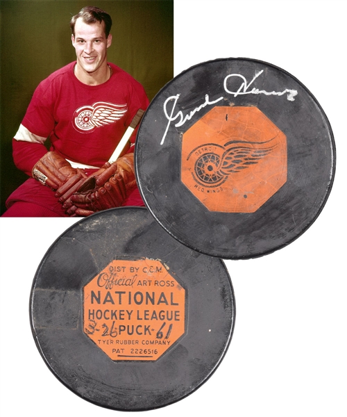 Detroit Red Wings "Original Six" Art Ross Game Puck Signed by Gordie Howe with "March 26th 1961 (Playoffs)" Annotation