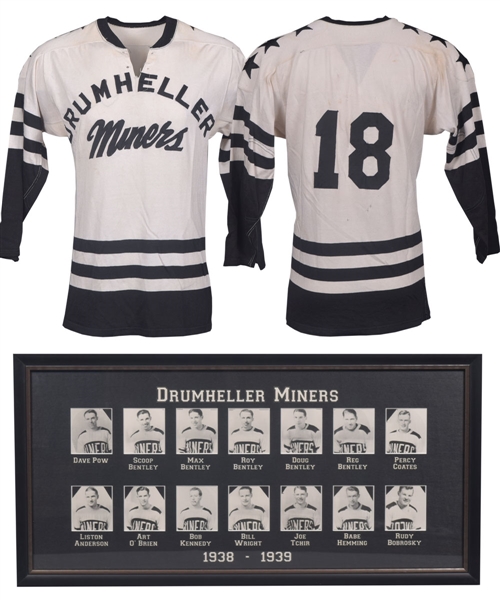 Drumheller Miners 1966-67 Team Canada Game-Worn Jersey Plus Modern Framed Team Photo Montage of 1938-39 Team