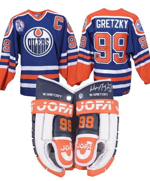 Wayne Gretzky Edmonton Oilers Signed Jersey with HOF Patch, Circa 1987 Jofa Replica Gloves (Pair) with Signed Left Glove Plus Signed Photo
