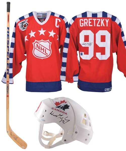 Wayne Gretzky Signed 1992 All-Star Game Limited-Edition Jersey #74/199 with WGA COA, Signed Team Canada Helmet with UDA COA and Signed Hespeler Stick with PSA/DNA LOA
