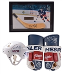 Wayne Gretzky 1997-98 New York Rangers Signed Hockey Stick Blade Limited-Edition Framed Display with UDA COA, Signed 1997-98 Hespeler Gloves with WGA COA and Signed Rangers Helmet