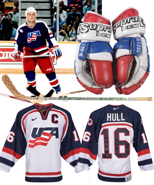 Brett Hulls 1991 Canada Cup Team USA Signed CCM Game-Used Gloves, Easton Game-Used Stick and Team USA Signed Jersey
