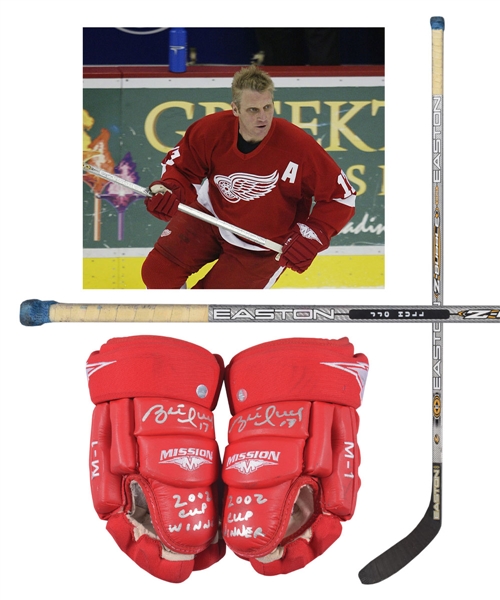 Brett Hulls 2003-04 Detroit Red Wings Signed Game-Used Mission Gloves Plus Easton Game-Used Stick