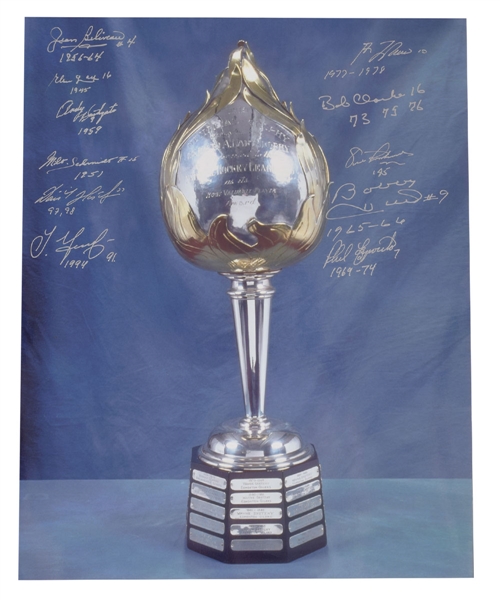 NHL Hart Memorial Trophy Past Winners Multi-Signed Photo by 11 with Inscriptions Including Beliveau, Hasek, Lindros and Lafleur with LOA (16" x 20")