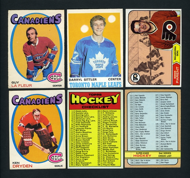 Hockey Card Collection with 1968-69 Topps #89 Parent RC, 1970-71 O-Pee-Chee #218 Sittler RC, 1971-72 O-Pee-Chee #45 Dryden RC and #148 Lafleur RC Plus More