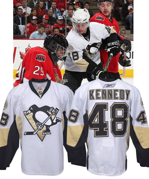 Tyler Kennedys 2007-08 Pittsburgh Penguins Game-Worn Rookie Season Stanley Cup Playoffs Jersey with Team LOA - 250th Patch! - Photo-Matched!