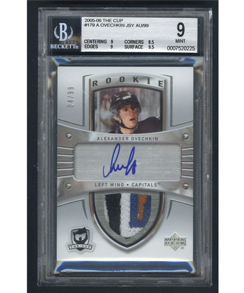 2005-06 Upper Deck "The Cup" Hockey Card #179 Alexander Ovechkin Autographed Rookie Patch RPA #04/99 Beckett-Graded Mint 9