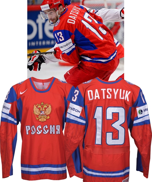 Pavel Datsyuks 2012 IIHF World Hockey Championships Team Russia Game-Worn Jersey with Tretiak Signed LOA - Photo-Matched!