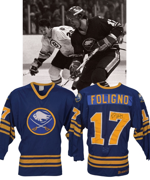 Mike Folignos 1981-82 Buffalo Sabres Signed Game-Worn Jersey - Team Repairs!