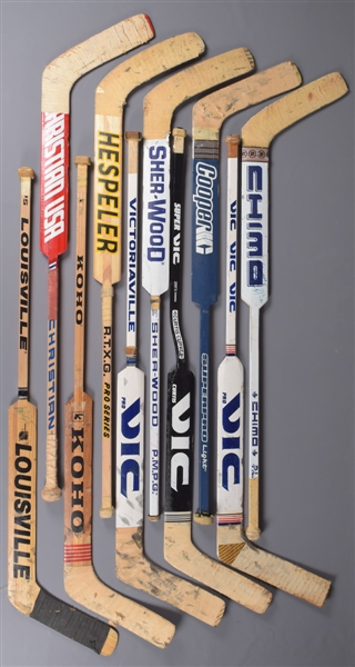 Game-Used Goalie Stick Collection of 10 Including Liut, Vernon, Peeters, McLean, Barrasso, Hrudey, Ranford and Others 