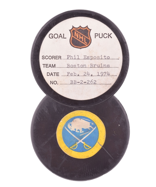 Phil Espositos Boston Bruins February 24th 1974 Goal Puck from the NHL Goal Puck Program - 51st Goal of Season / Career Goal #449