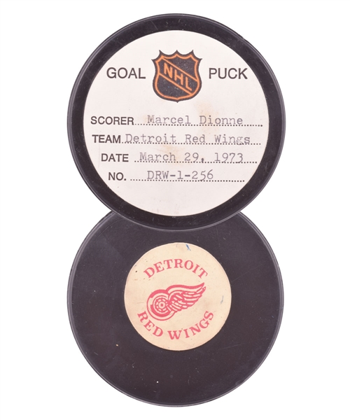 Marcel Dionnes Detroit Red Wings March 29th 1973 Goal Puck from the NHL Goal Puck Program - 40th Goal of Season / Career Goal #68