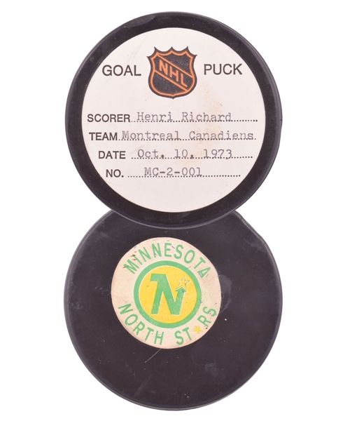 Henri Richards Montreal Canadiens October 10th 1973 Goal Puck from the NHL Goal Puck Program - 1st Goal of Season for Montreal and Richard / Career Goal #337