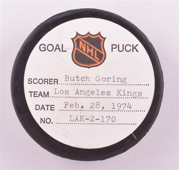 Butch Gorings Los Angeles Kings February 28th 1974 Goal Puck from the NHL Goal Puck Program - 20th Goal of Season / Career Goal #84