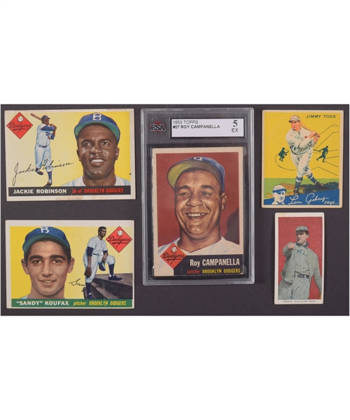 Vintage Baseball Card Lot with 1910 E93 Standard Caramel Nap Lajoie, 1934 World Wide Gum (Canadian Goudey) #58 Jimmy Foxx, 1955 Topps #123 Sandy Koufax RC & #50 Jackie Robinson and More!
