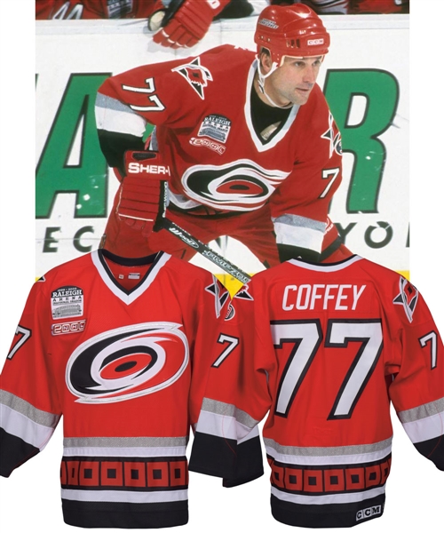 Paul Coffeys 1999-2000 Carolina Hurricanes Game-Worn Jersey with His Signed LOA - Raleigh Arena Inaugural Season and Chiasson "3" Patches!