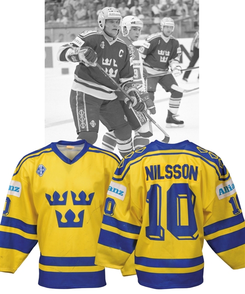 Kent Nilssons 1990 IIHF World Championships Team Sweden Game-Worn Jersey from Paul Coffeys Collection with His Signed LOA