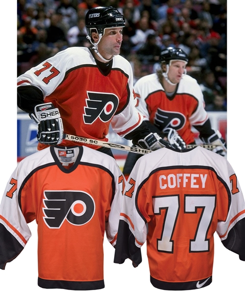 Paul Coffeys 1997-98 Philadelphia Flyers Game-Worn Jersey with His Signed LOA - Photo-Matched!