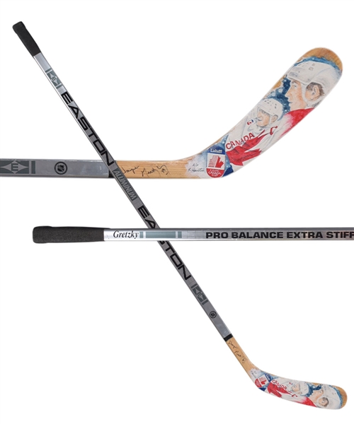 Wayne Gretzkys Early-1990s Signed Game-Issued Easton Stick with 91 Canada Cup Original Art by Steve Houston Plus Coca-Cola Promo Stick