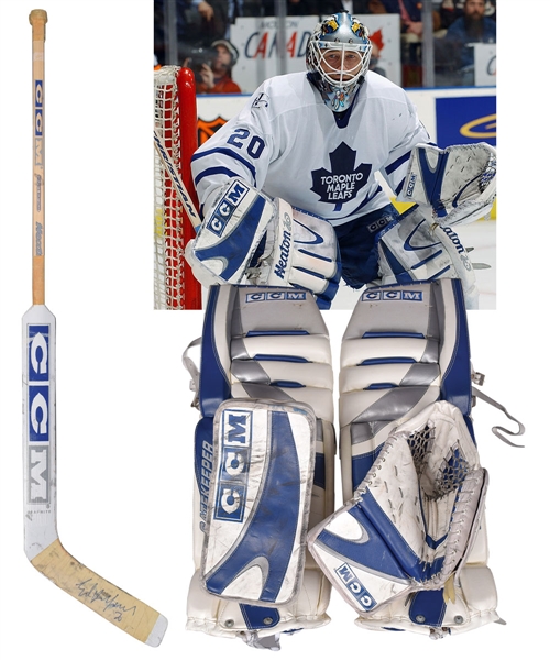 Ed Belfours 2002-06 Toronto Maple Leafs Game-Used Glove, Blocker, Stick and Skates Plus Game-Issued Goalie Pads with His Signed LOA