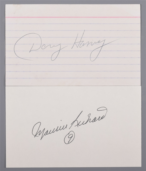 Deceased HOFers Doug Harvey and Maurice Richard Signed Index Cards with COAs