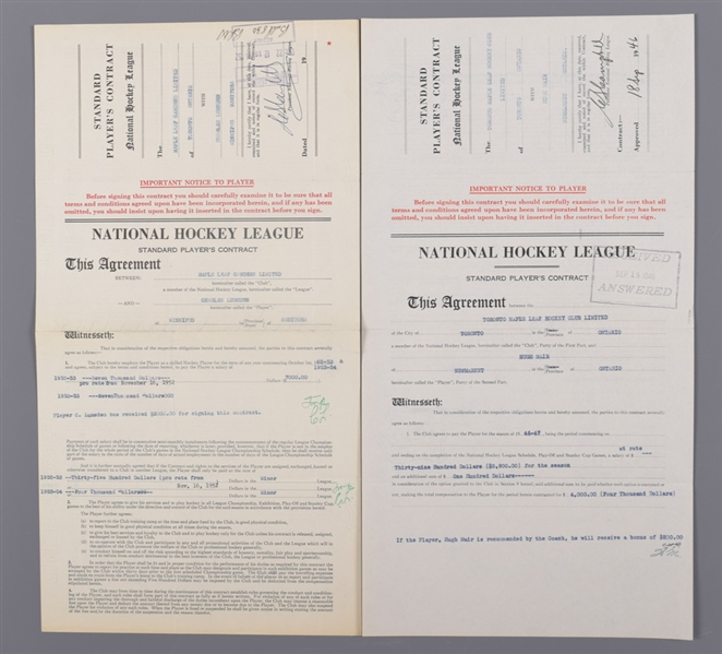 Toronto Maple Leafs 1940s/1950s Official NHL Contract Collection of 2 with Deceased HOFers Clancy, Day and Campbell Signatures