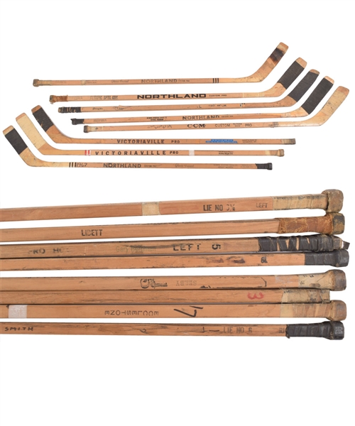 Vintage Late-1960s/Early-1970s Game-Used Stick Collection of 8 Featuring Mostly Red Wings Players