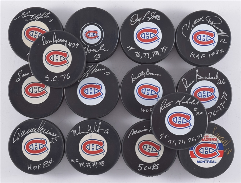 Montreal Canadiens 1976 Stanley Cup Champions Signed Puck Collection of 14 with 8 Hall of Fame Members Including Lafleur, Cournoyer, Lapointe and Robinson with LOA
