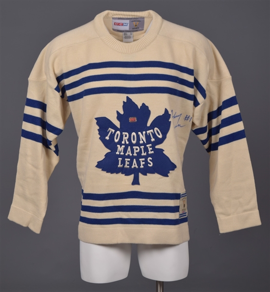 Johnny Bower Toronto Maple Leafs Signed Collection of 3 including Vintage-Style Jersey, Photo and Puck with LOA