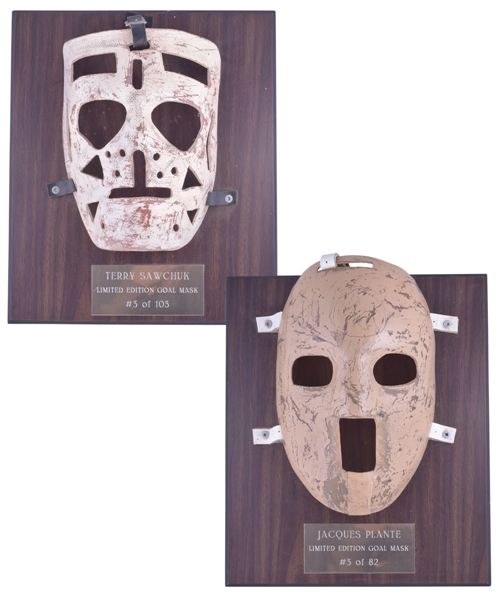 Jacques Plante 1959 Montreal Canadiens and Terry Sawchuk Lefty Wilson Limited-Edition Replica Goalie Masks Displays