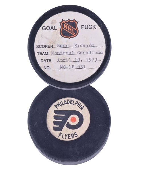 Henri Richard’s Montreal Canadiens April 19th 1973 Goal Puck from the NHL Goal Puck Program - 3rd Playoff Goal of Season / Career Playoff Goal #43