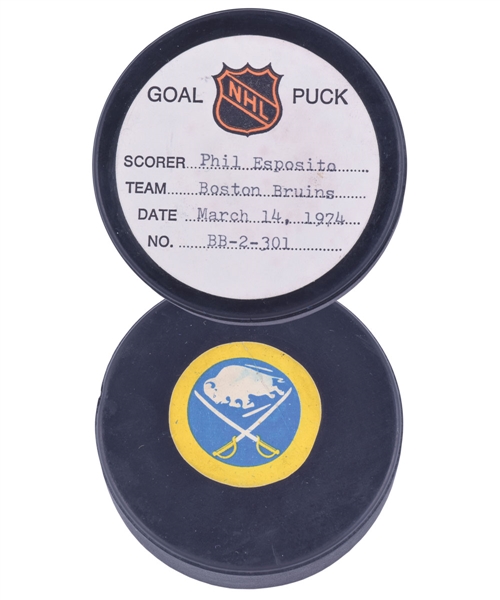 Phil Espositos Boston Bruins March 14th 1974 Goal Puck from the NHL Goal Puck Program - 61st Goal of Season / Career Goal #459 - Assisted by Bobby Orr!