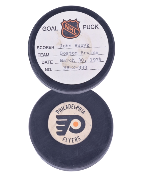 Johnny Bucyks Boston Bruins March 30th 1974 Goal Puck from the NHL Goal Puck Program - 30th Goal of Season / Career Goal #465 - Assisted by Bobby Orr!