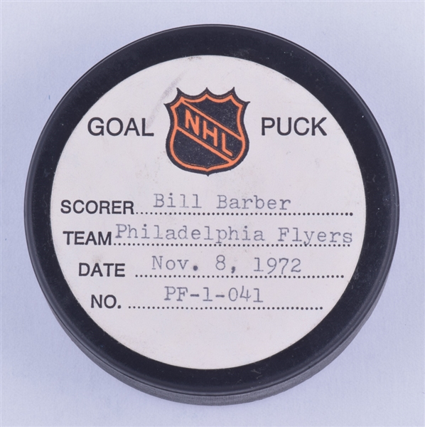 Bill Barbers Philadelphia Flyers November 8th 1972 Goal Puck from the NHL Goal Puck Program - 3rd Goal of Rookie Season / Career Goal #3