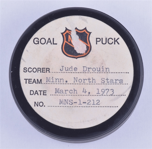 Jude Drouins Minnesota North Stars March 4th 1973 Goal Puck from the NHL Goal Puck Program - 22nd Goal of Season / Career Goal #51