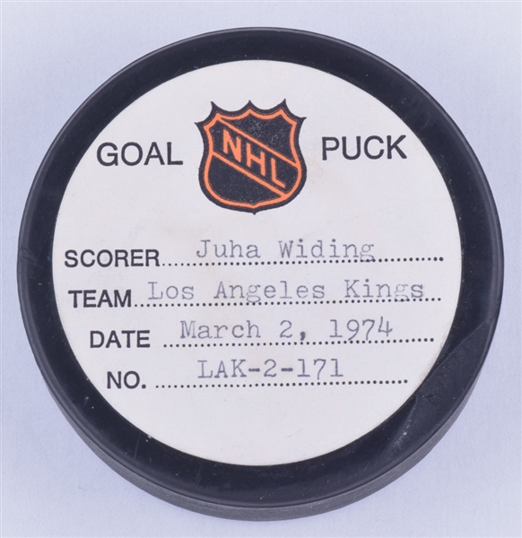 Juha Widings Los Angeles Kings March 2nd 1974 Goal Puck from the NHL Goal Puck Program - 20th Goal of Season / Career Goal #95
